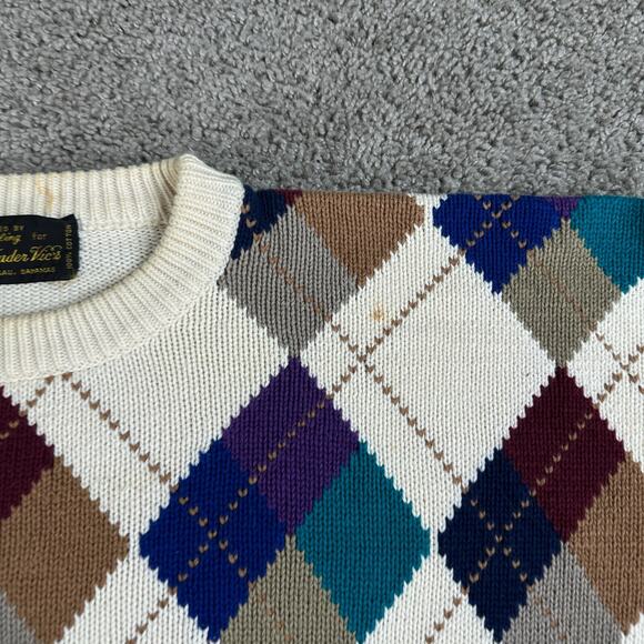 VINTAGE Kipling Sweater Mens XL Beige Argyle Trader Vic's Cotton Pullover 80s - Picture 4 of 11